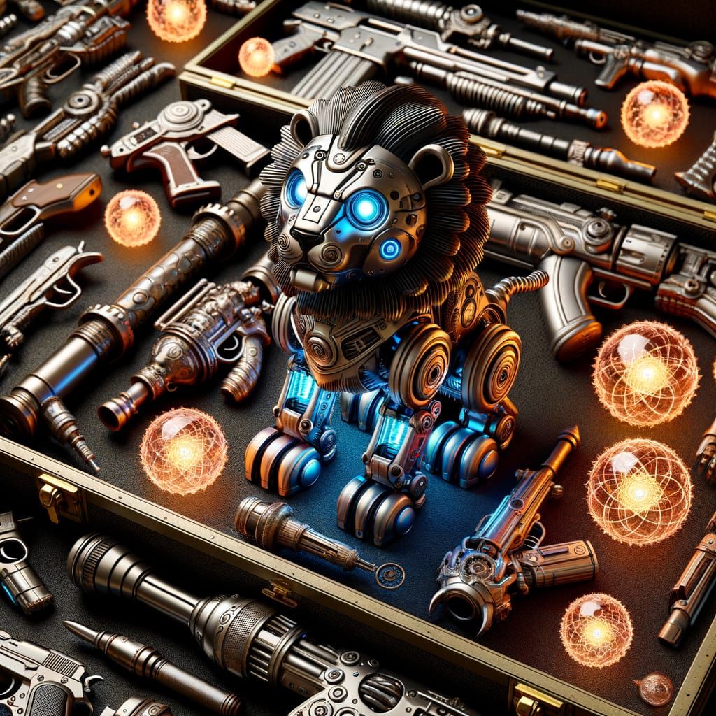 Miniature Retro-Futuristic Mecha Lion Surrounded by Glowing ...