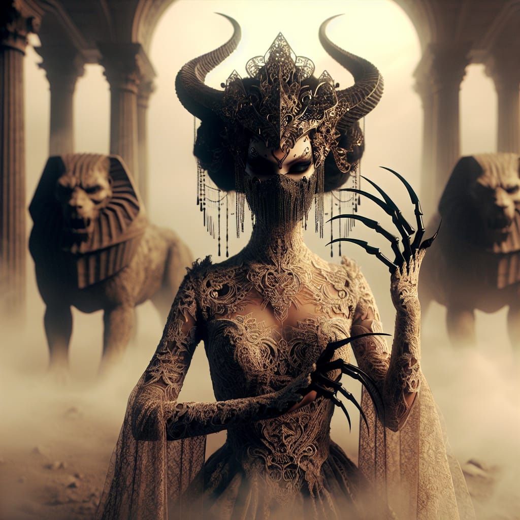 Elegant Demon Woman in Sphinx Fog, Matte Painting