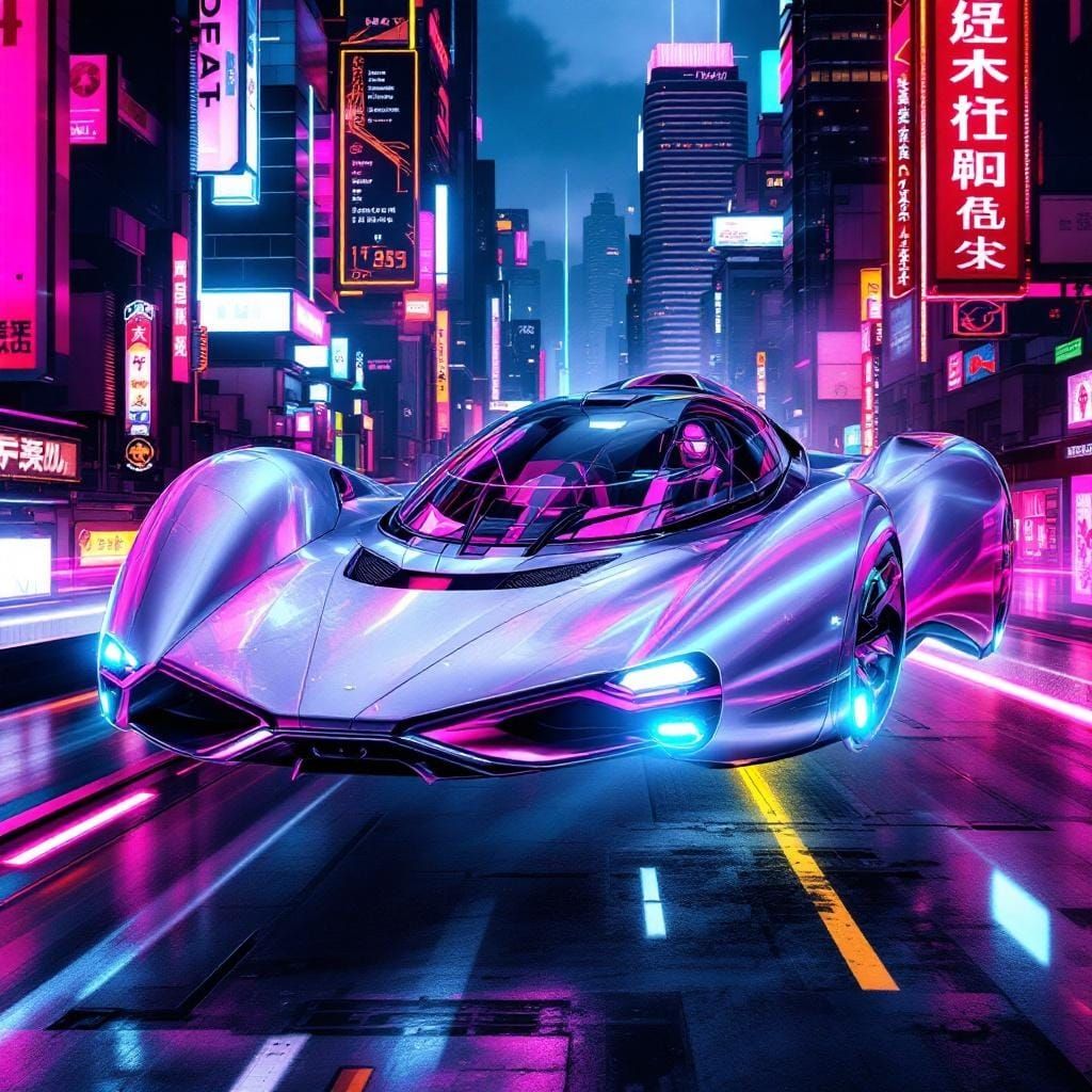 Futuristic Car Over Neon Cityscape in Cyberpunk Style