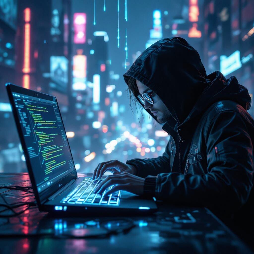 Linux Laptop Overlooking Cyberpunk City in Cinematic Style