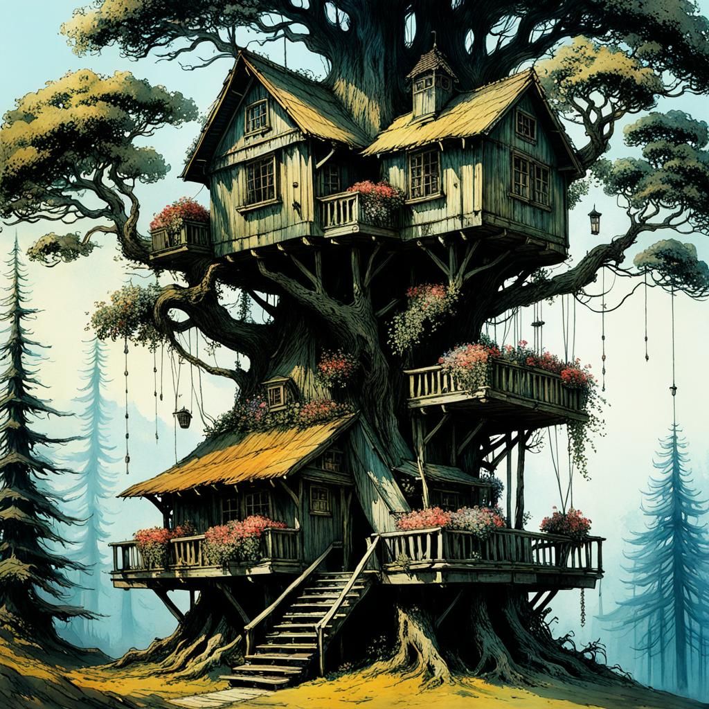 Whimsical Treehouse in Deep Noctilucent Hues