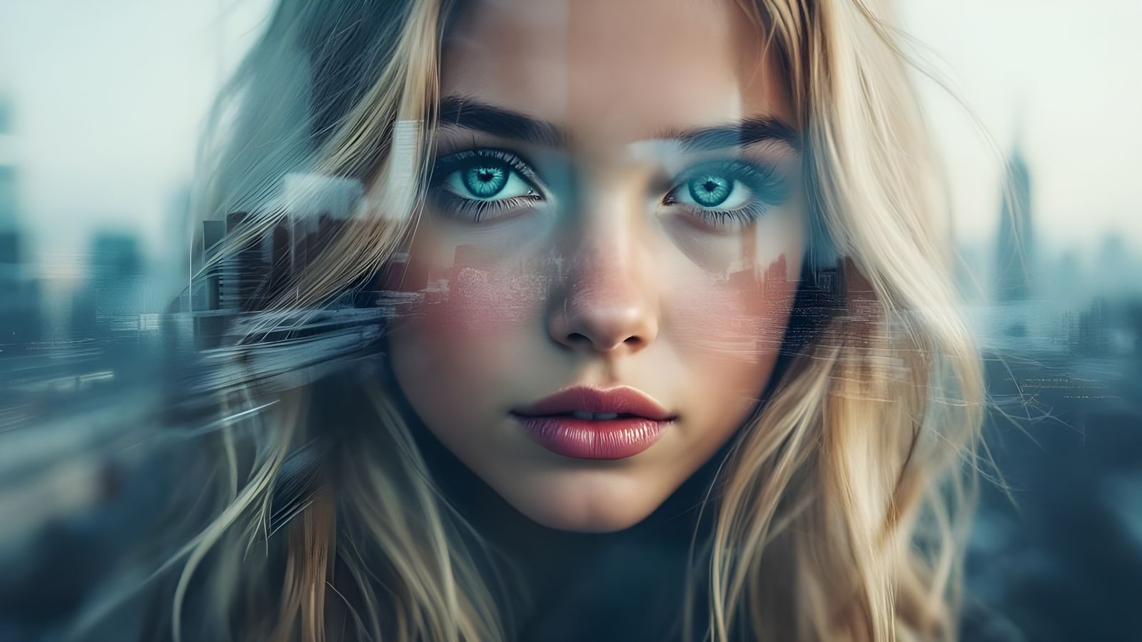 Double Exposure Portrait of Girl with New York Skyline