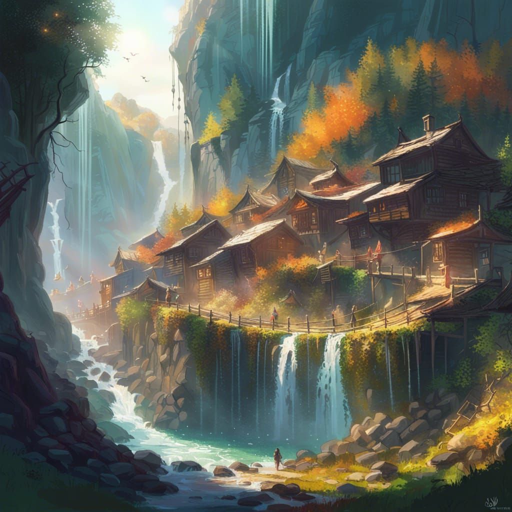 Fantasy Waterfall Village Landscape by Ismail Inceoglu