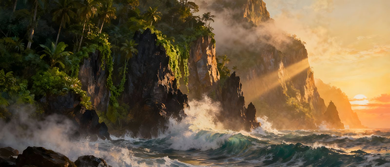 Sunrise Over Tropical Cliffs and Crashing Ocean Waves
