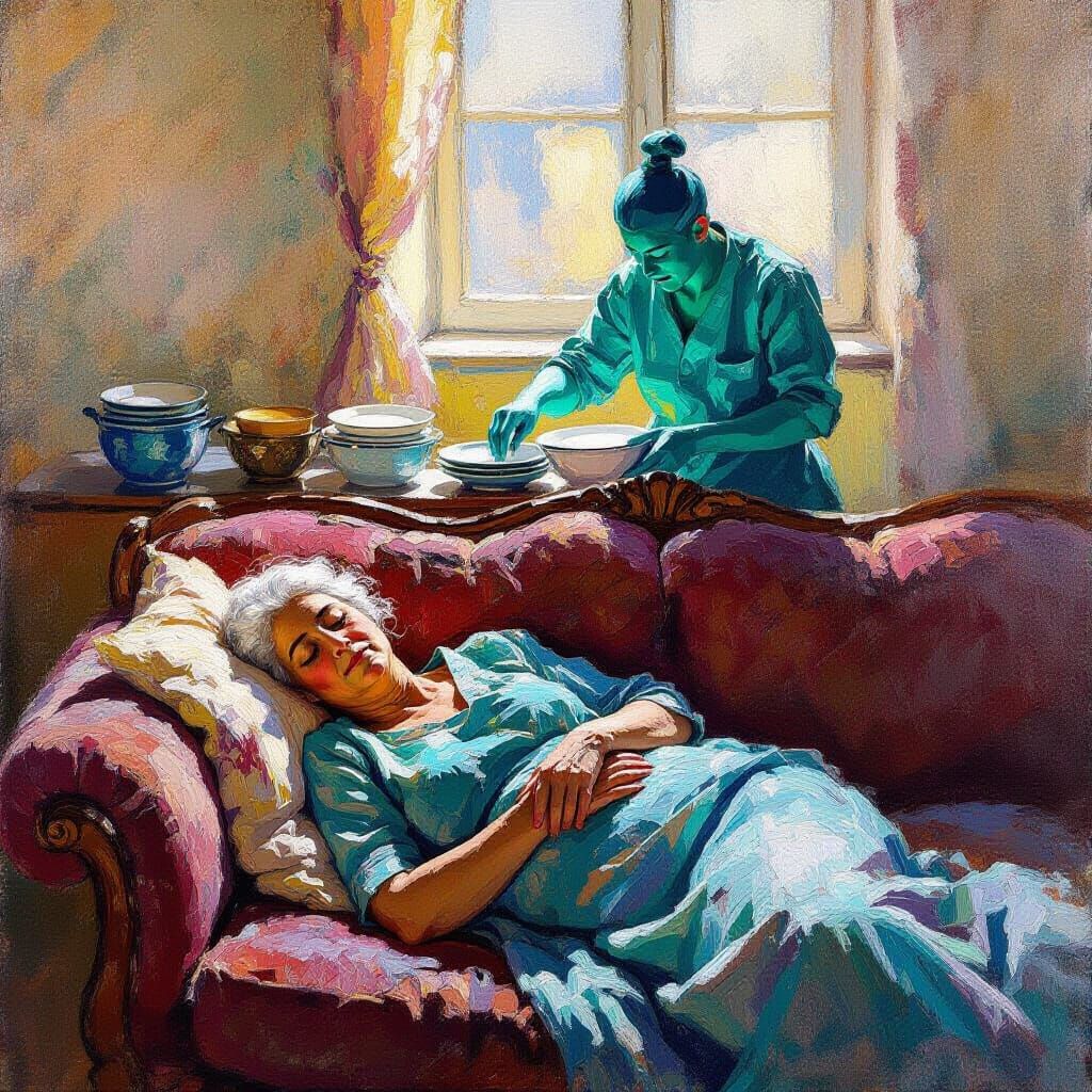 Impressionist Genie Washes Dishes for Sleeping Woman