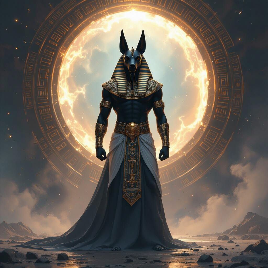 Anubis Before Cosmic Portal: Digital Fantasy Art