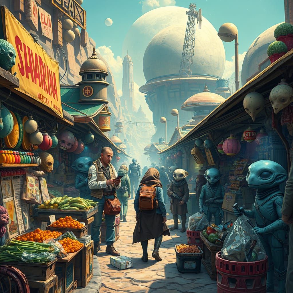 Bustling Alien Market in Futuristic Sci-Fi Style