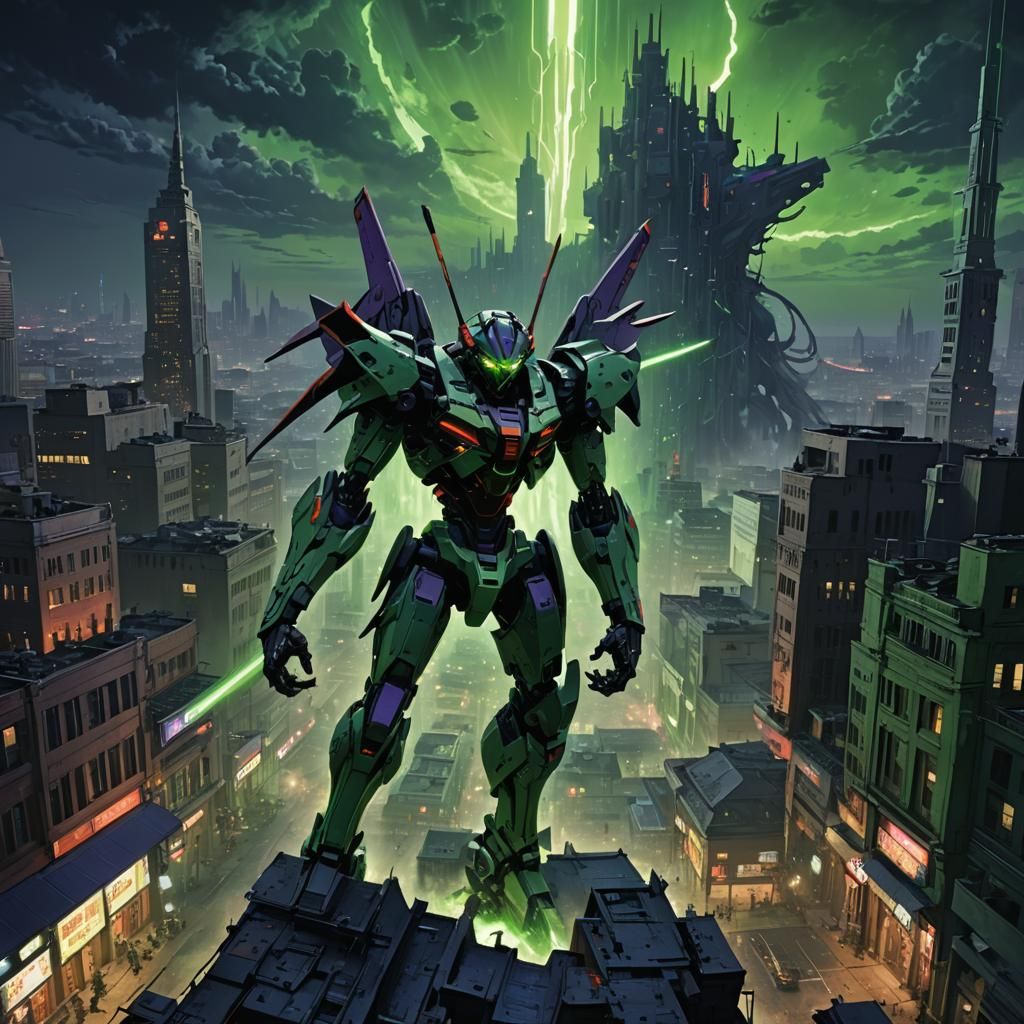 Evangelion Unit-01 Battles in Gothic Cityscape