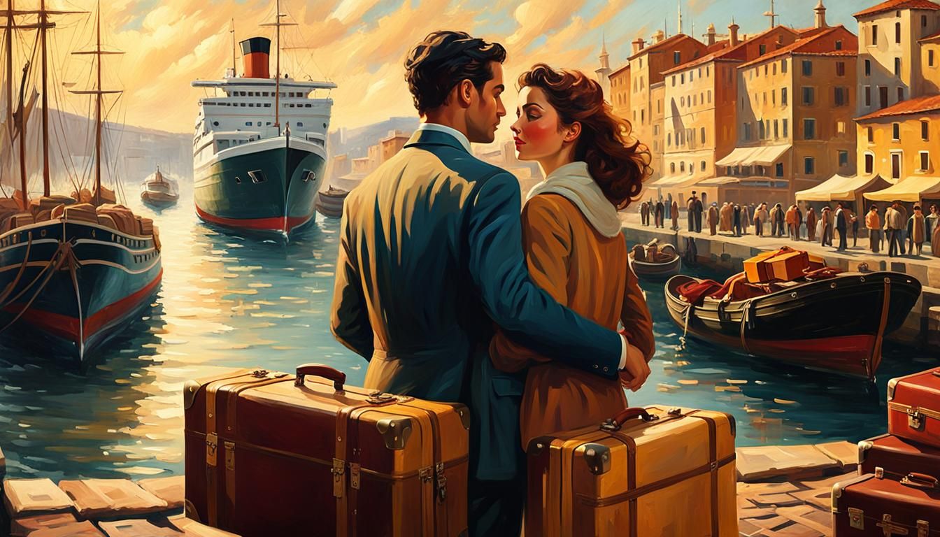 Italian Immigrants Embrace in Nostalgic Oil Painting