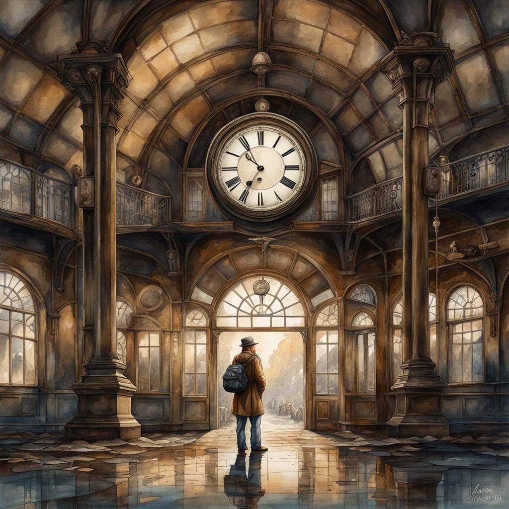 Lonely Man at Abandoned Station: Watercolor Illustration
