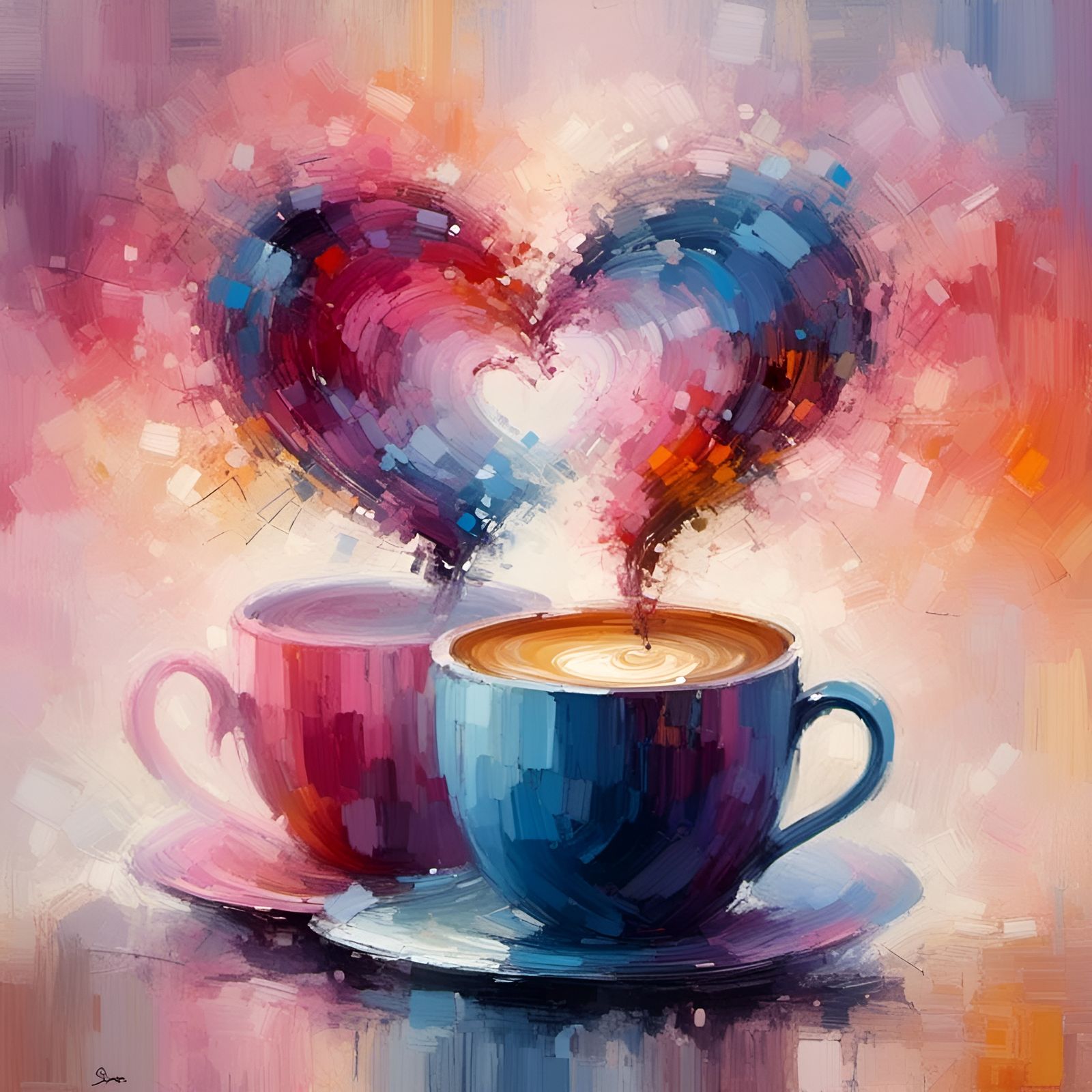 Romantic Coffee Cups with Heart Steam, Airbrush Art