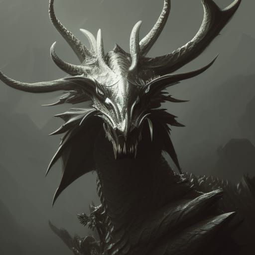 Silver Dragon Portrait with Antler Horns