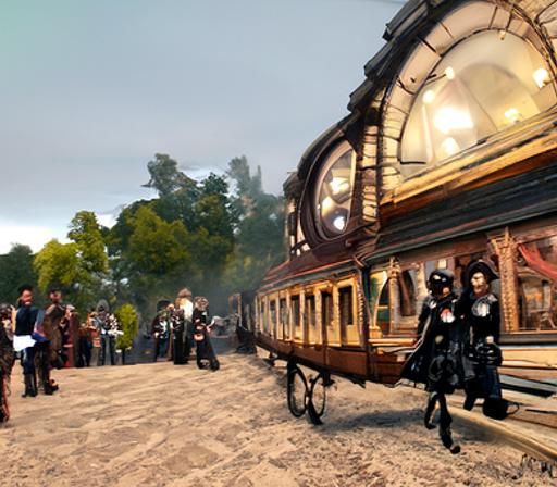 Victorian Era People Boarding a Steampunk Train