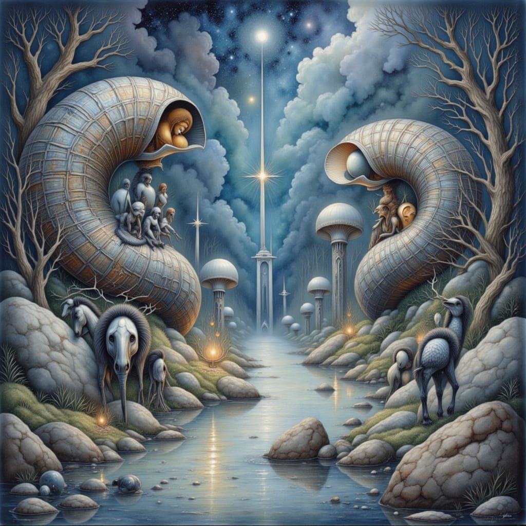 Ancient Nautilus Guardians in Twilight Watercolor