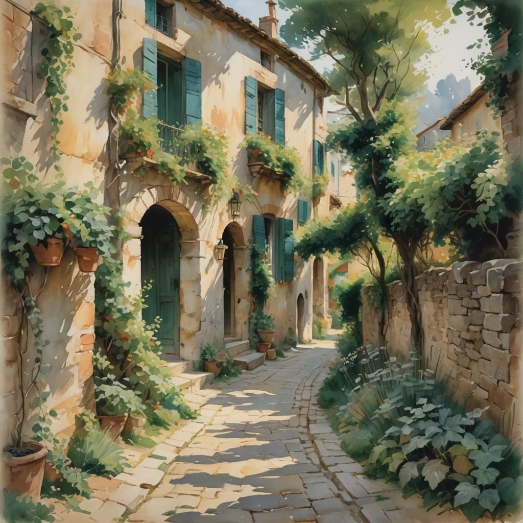 Quiet Village Scene in Impressionistic Style