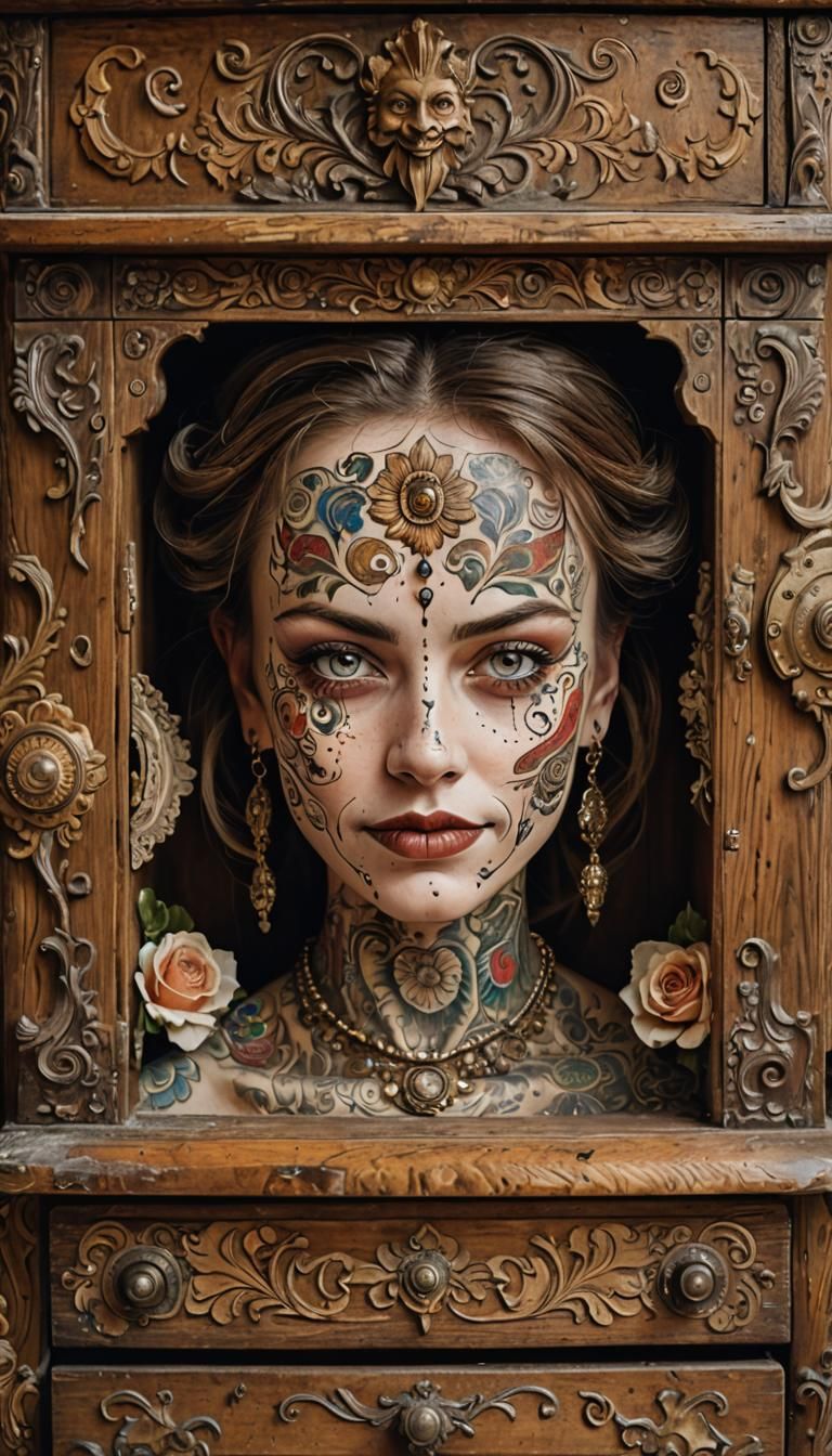 Face Carved into Antique Dresser in Biomechanical Style
