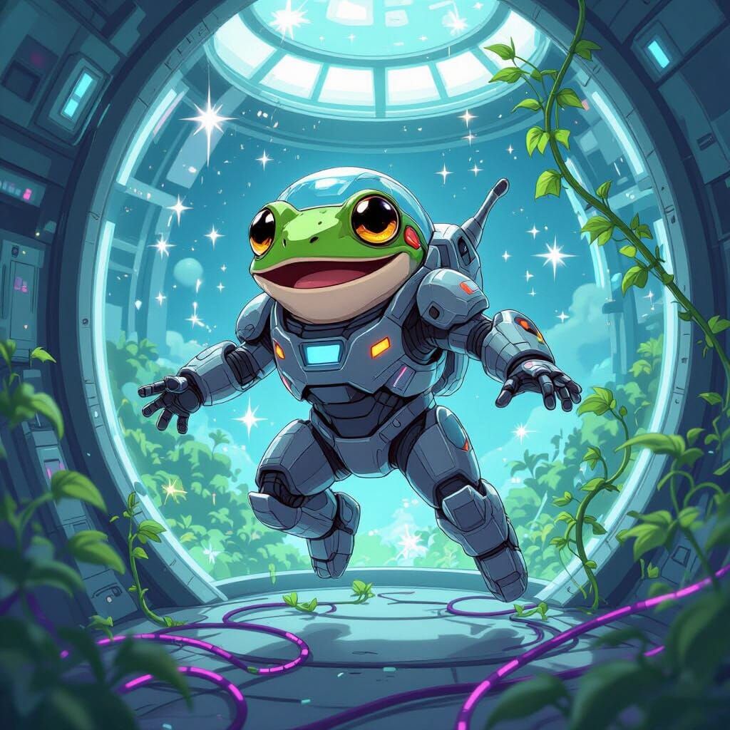 Frog in Mech Suit Floats in Orbital Greenhouse