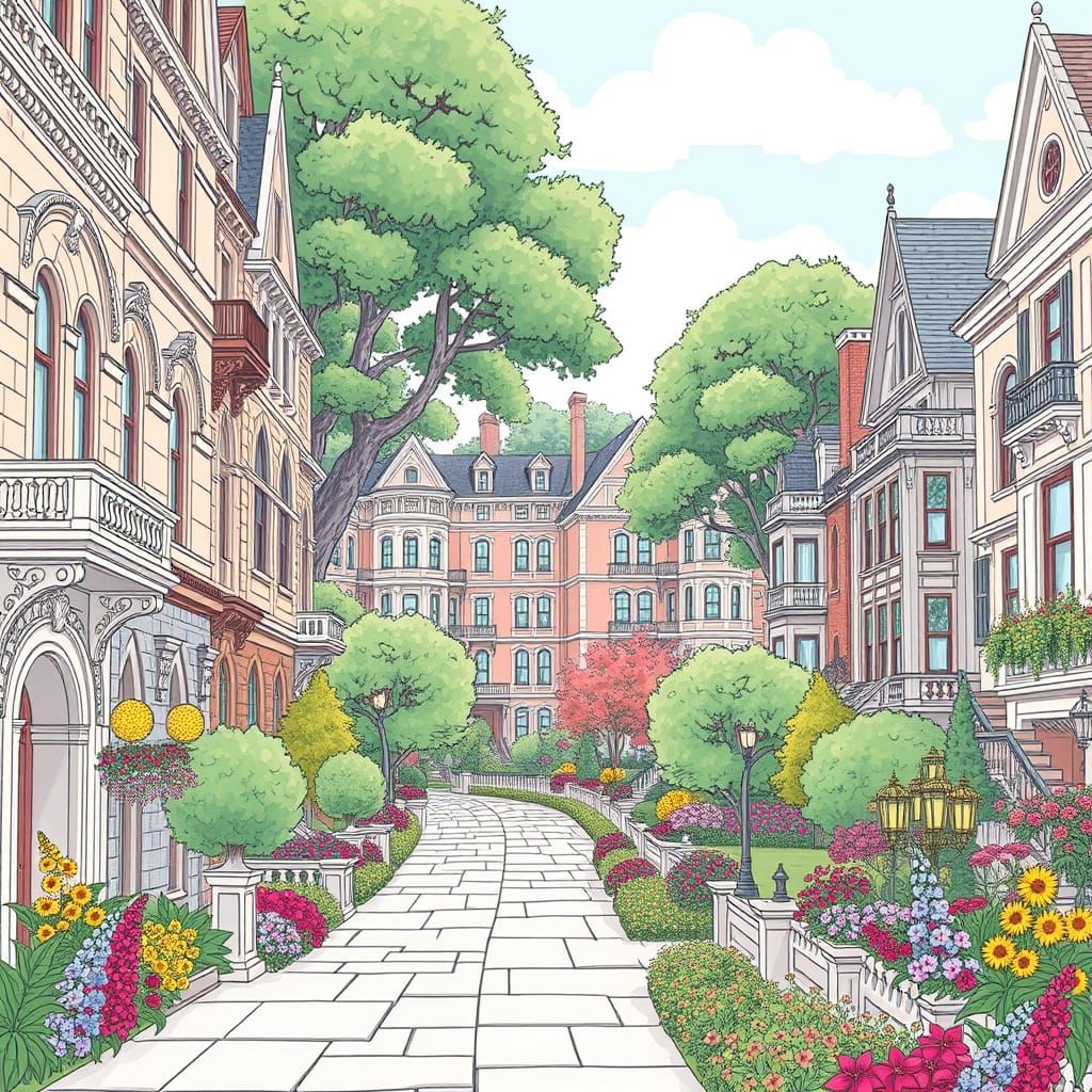 Victorian City Street in Delicate Line Art