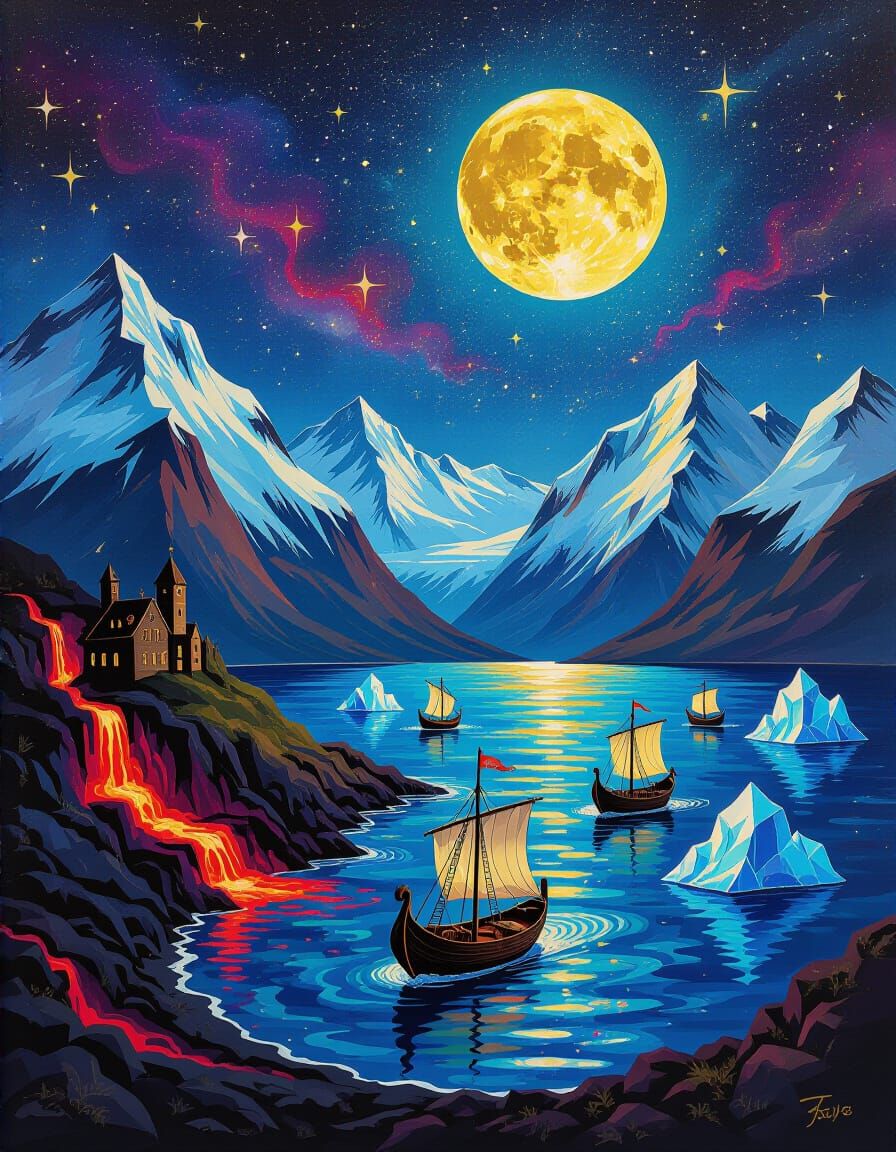 Dark Fantasy Viking Map with Lava Volcano and Northern Light...