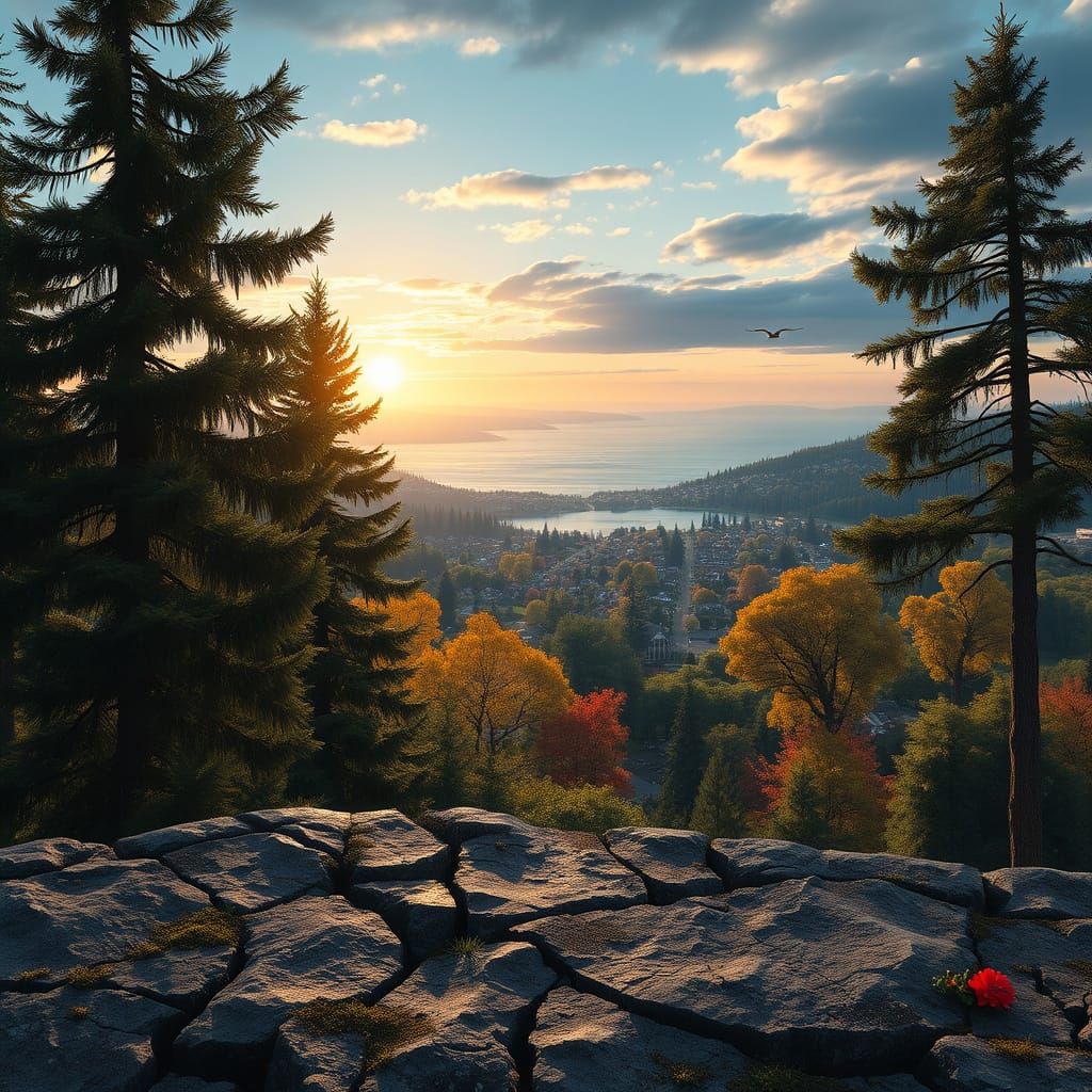 Weathered Ledge Overlooks Serene Landscape in Hyper-Realisti...