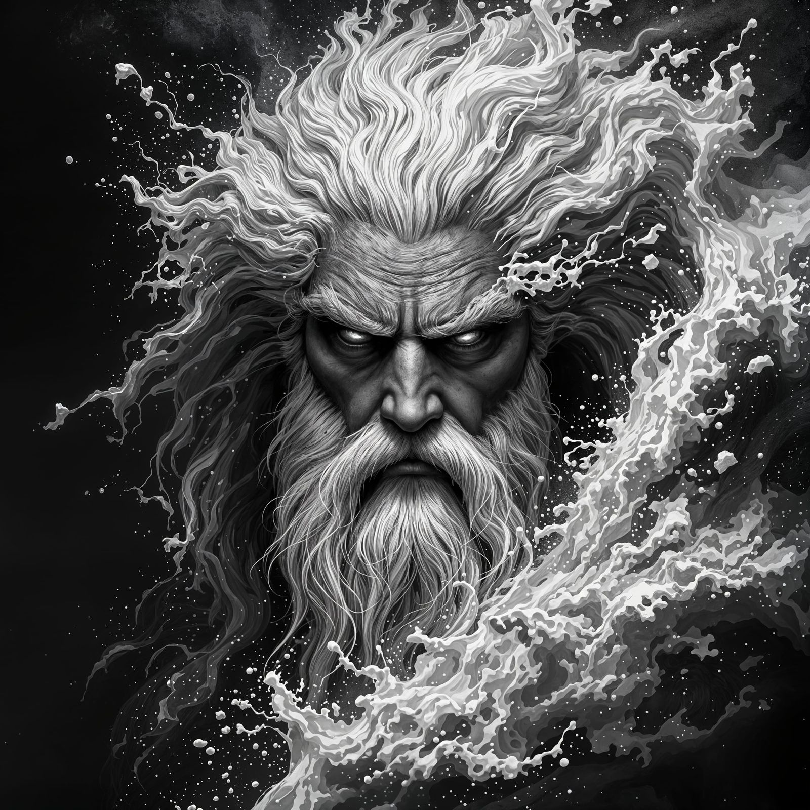Ancient Sea God in Turbulent Grayscale Waves