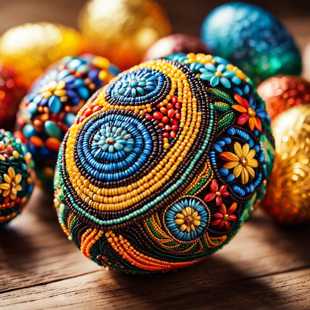 Vibrant Folk Art Beaded Egg on Wooden Table