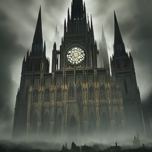 Gothic Cathedral Rises from Mist in Dark Fantasy Illustratio...