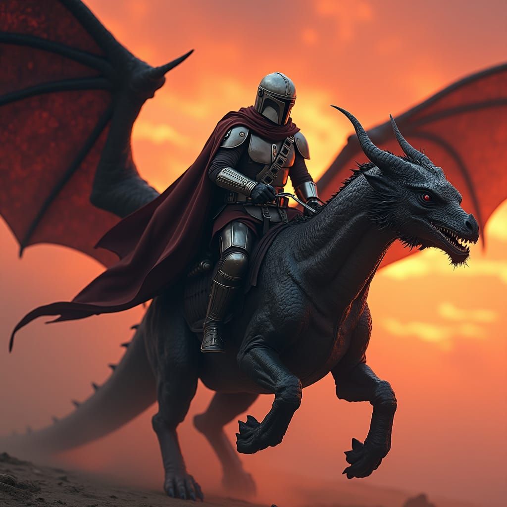 Mandalorian Warrior Riding Dragon in Dark Fantasy Style