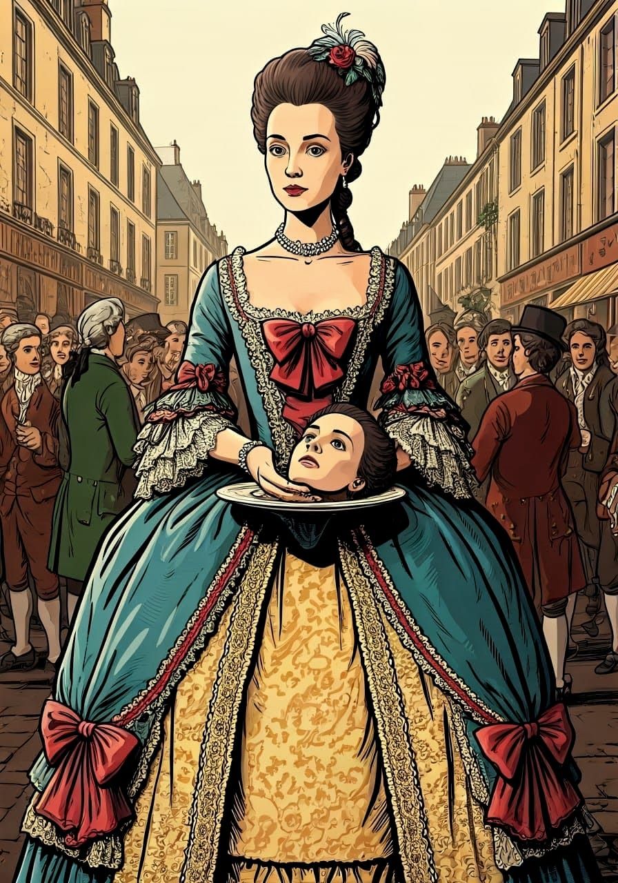 Gorgeous Beheaded Woman in Rococo Gown, Holding Her Own Head...
