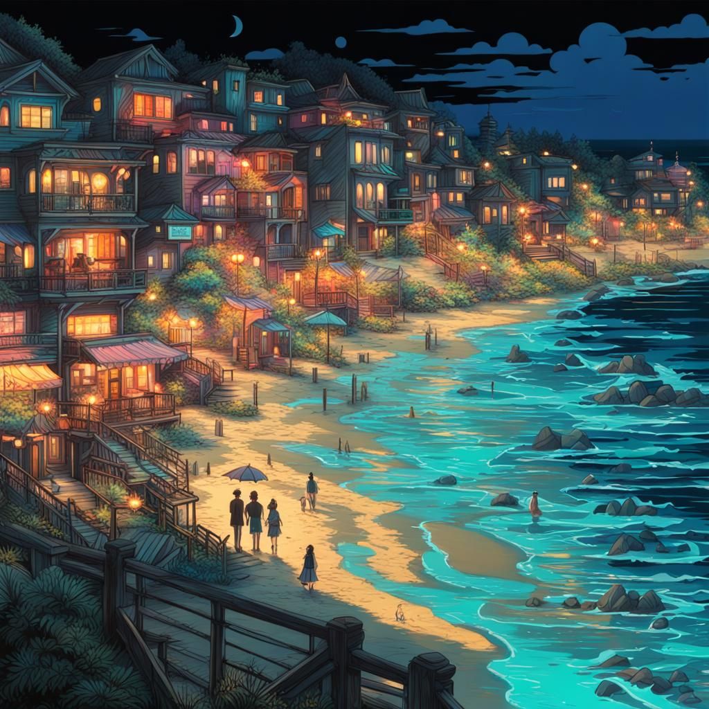 Neon Beach at Night in Studio Ghibli Style