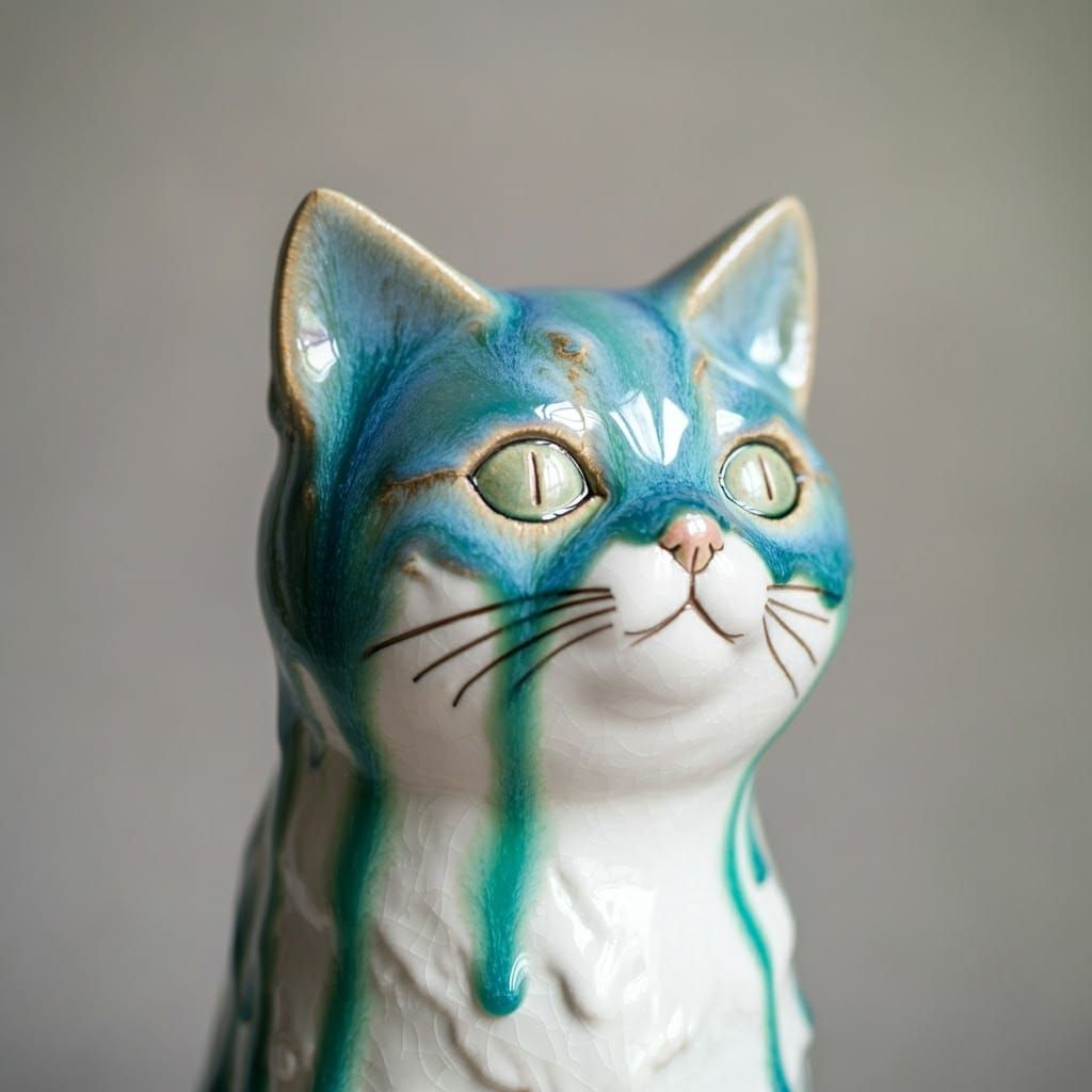 Iridescent Ceramic Cat Sculpture in Anime Style