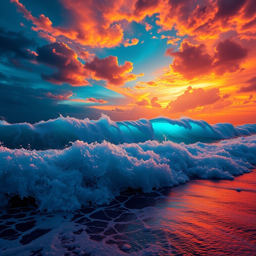 Electric Ocean Waves Crash Against the Shore in Vibrant Colo...