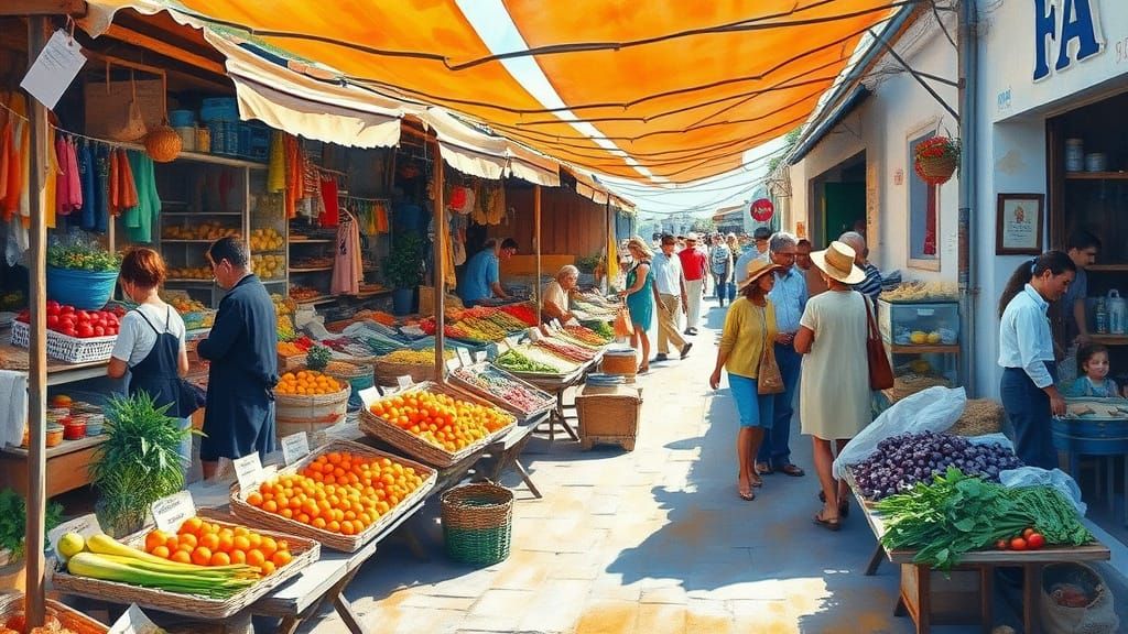 Lively Italian Farmers Market in Impressionist Style