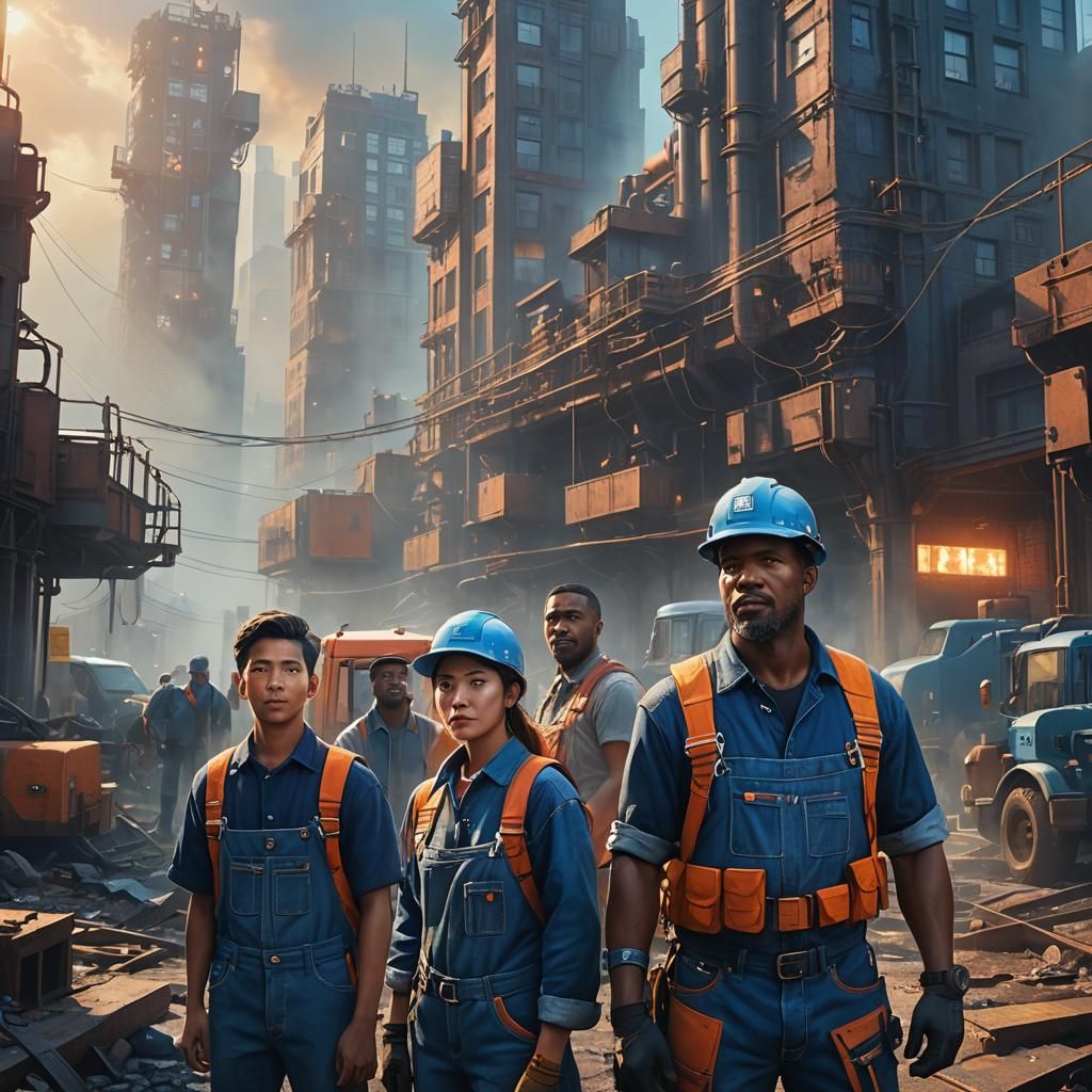 American Blue Collar Workers in Industrial Cityscape