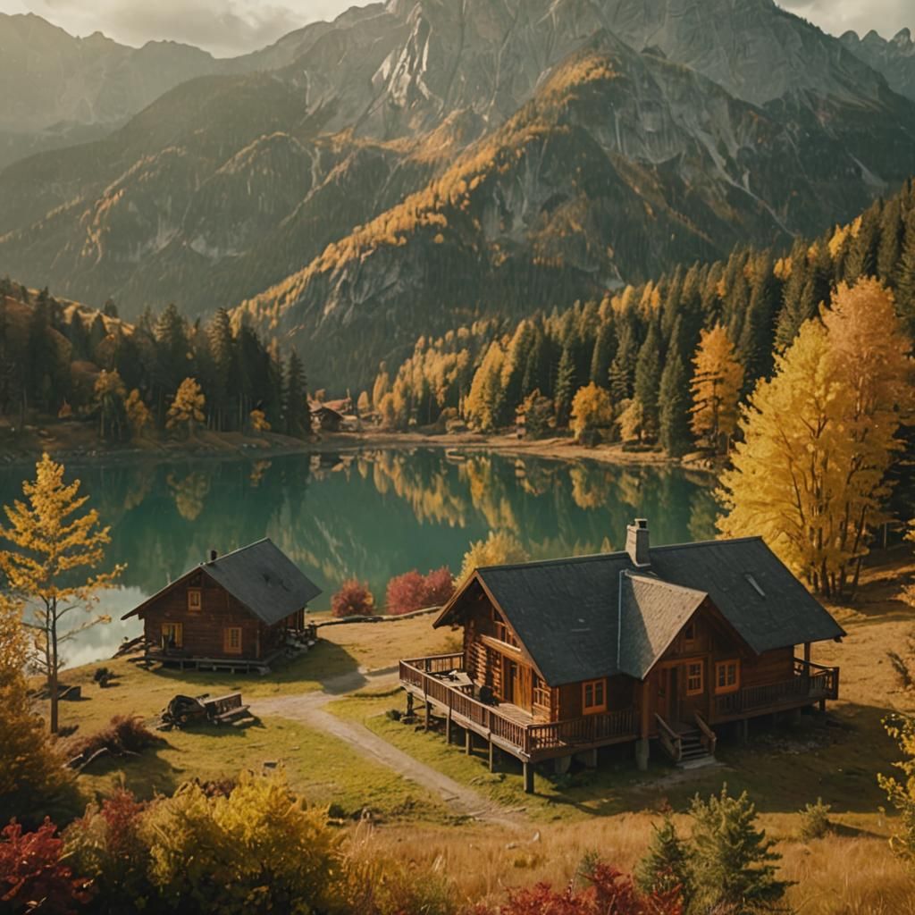 Picturesque Wooden Cabins by Lake in Autumnal Light