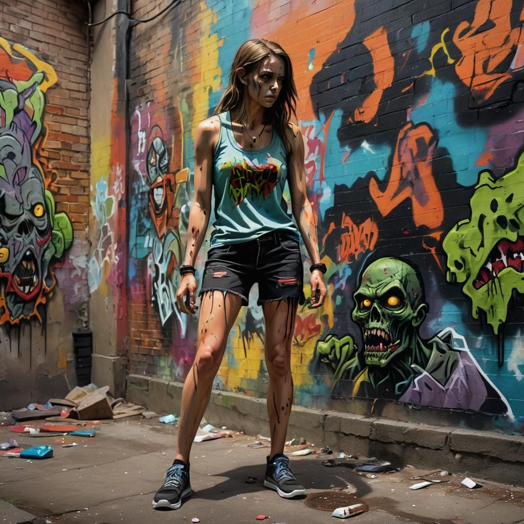 Woman Confronts Zombie in Graffiti Art Alley