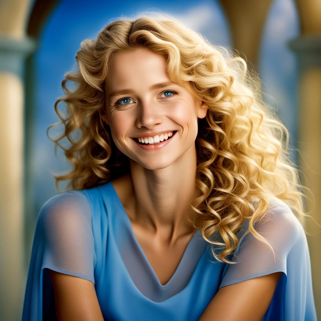 Radiant Angel Portrait with Blonde Hair and Blue Dress