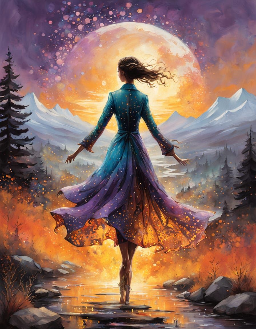 Abstract Figure in Neon Paint Splatter Gown