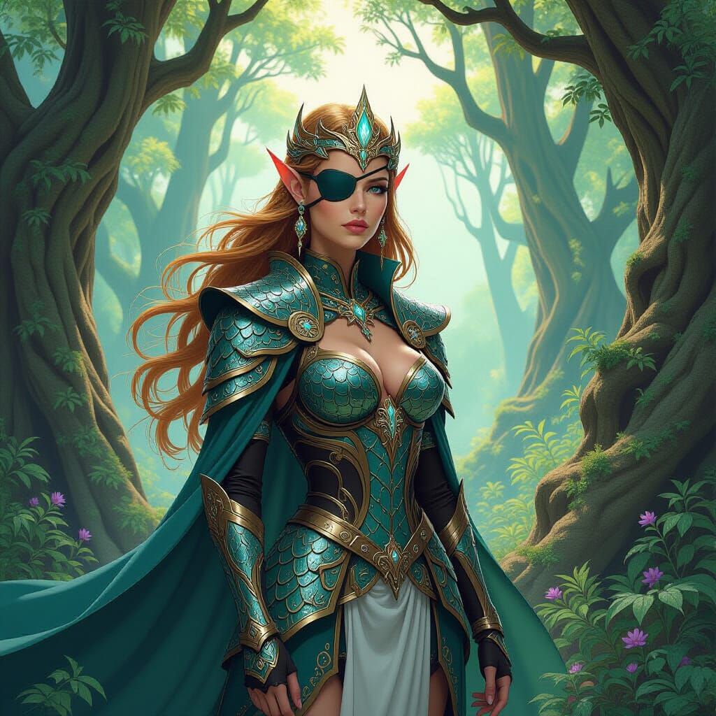 Elven Queen in Mystical Forest, Art Nouveau Style