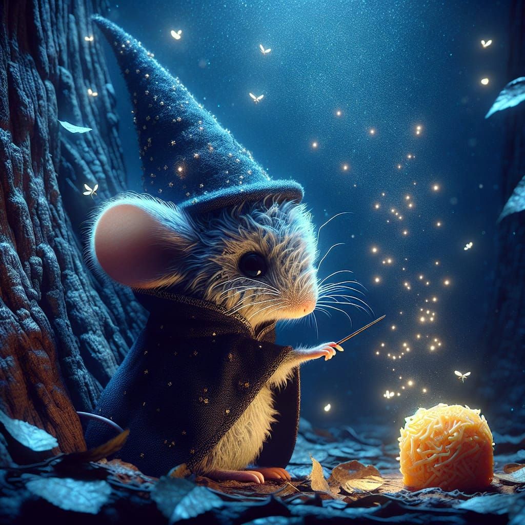 Wizard Mouse Conjuring Cheese in Magical Forest
