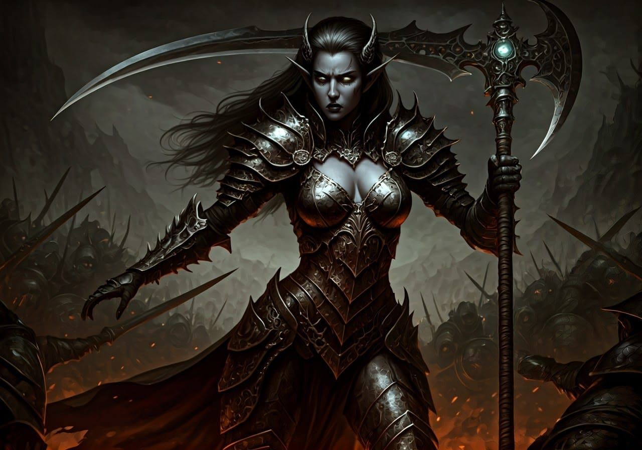 Drow Warrior in Chaotic Battle: Frazetta-Giger-Wood Style