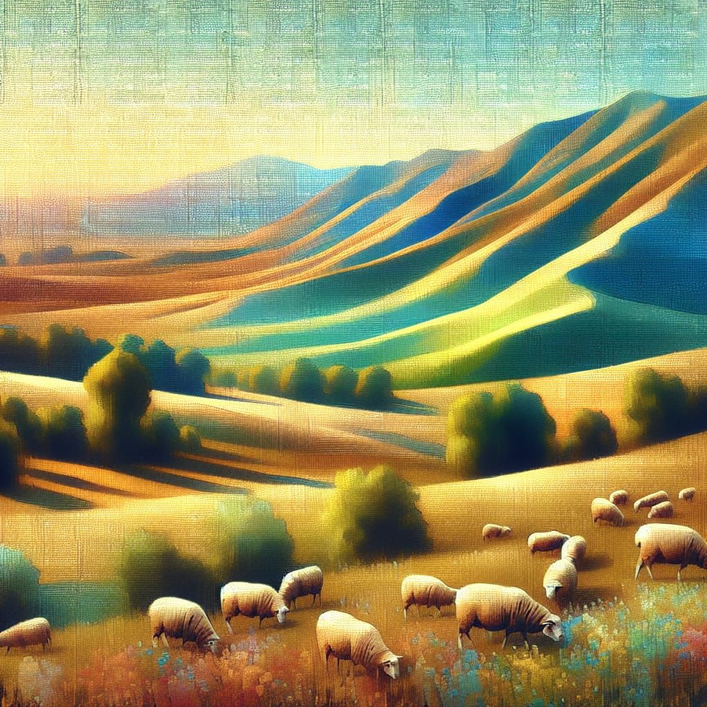 Serene Pastoral Landscape with Grazing Sheep, Oil Painting