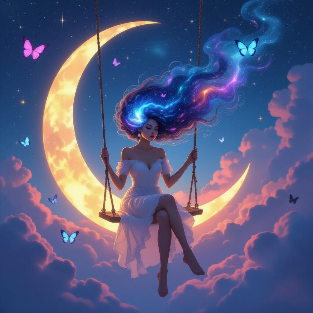 Cosmic Woman on Moon Swing with Galaxy Hair