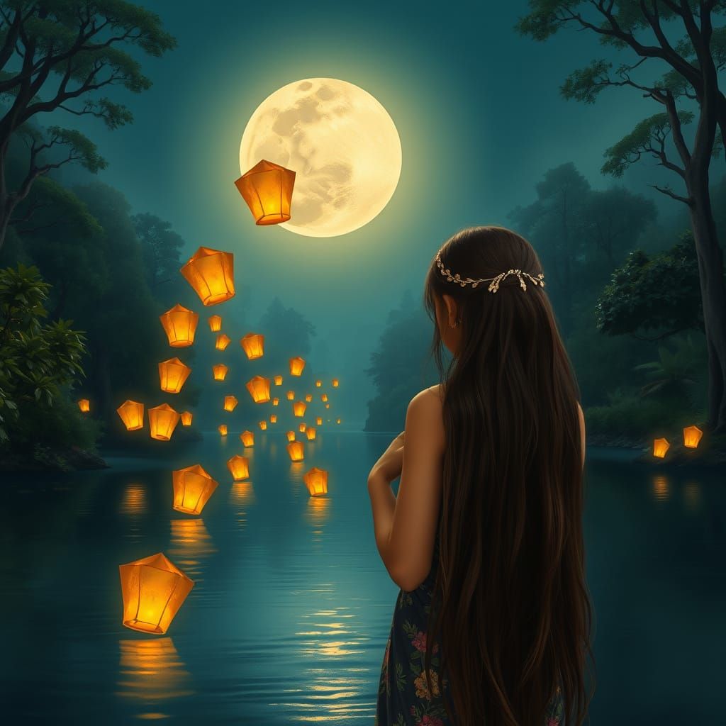 Serene Moonlit River Goddess Releases Golden Lanterns