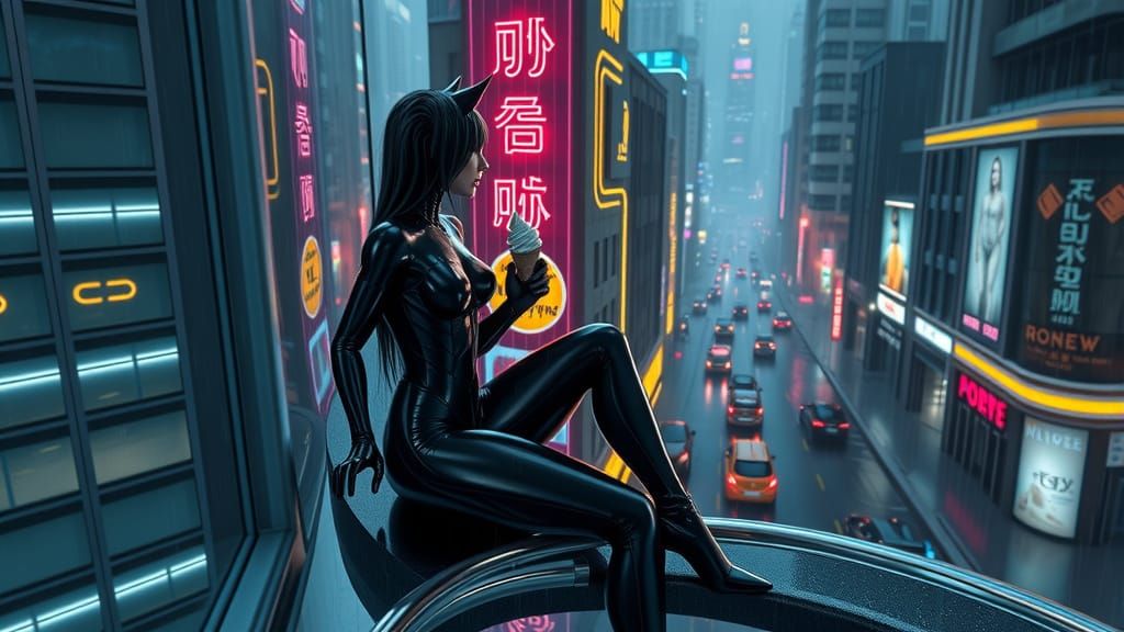 Cyberpunk Cat-Woman in Futuristic Cityscape