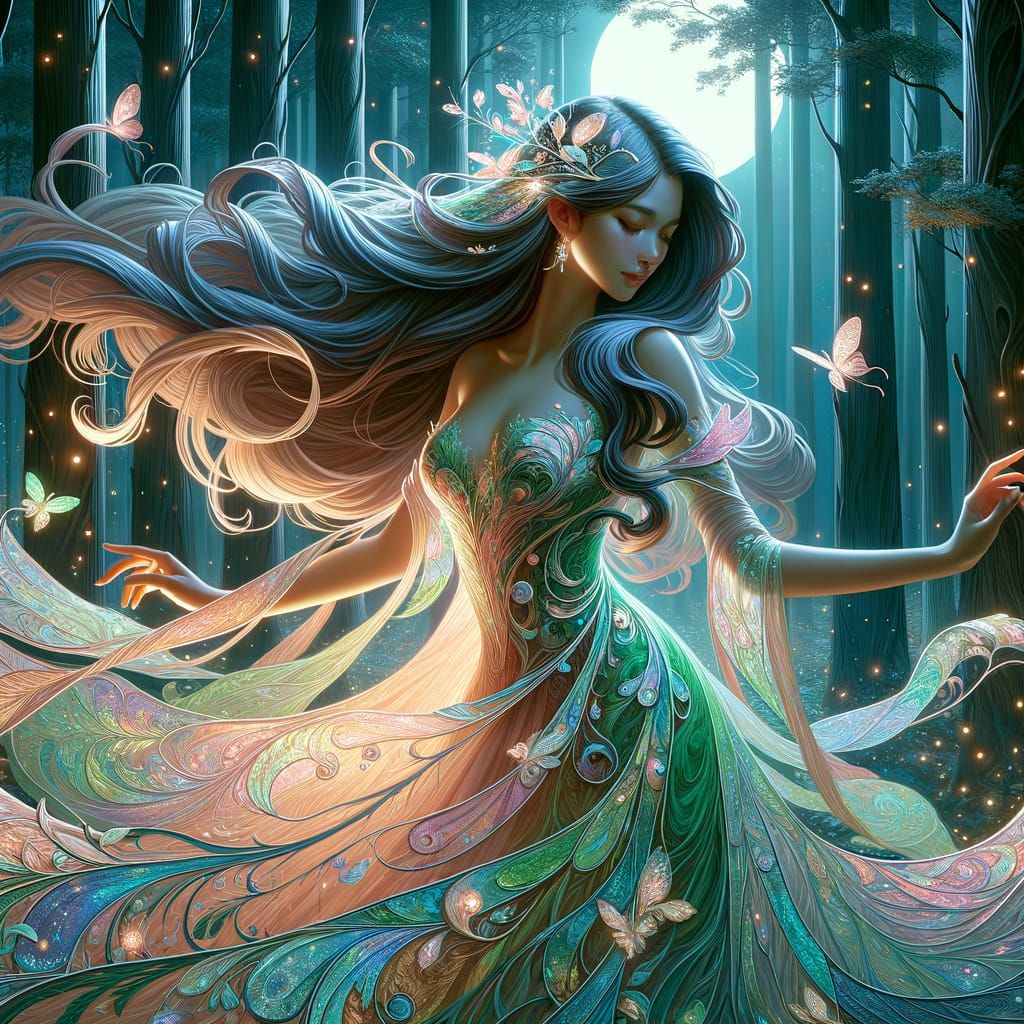 Art Nouveau Forest Dancer in Moonlit Woods