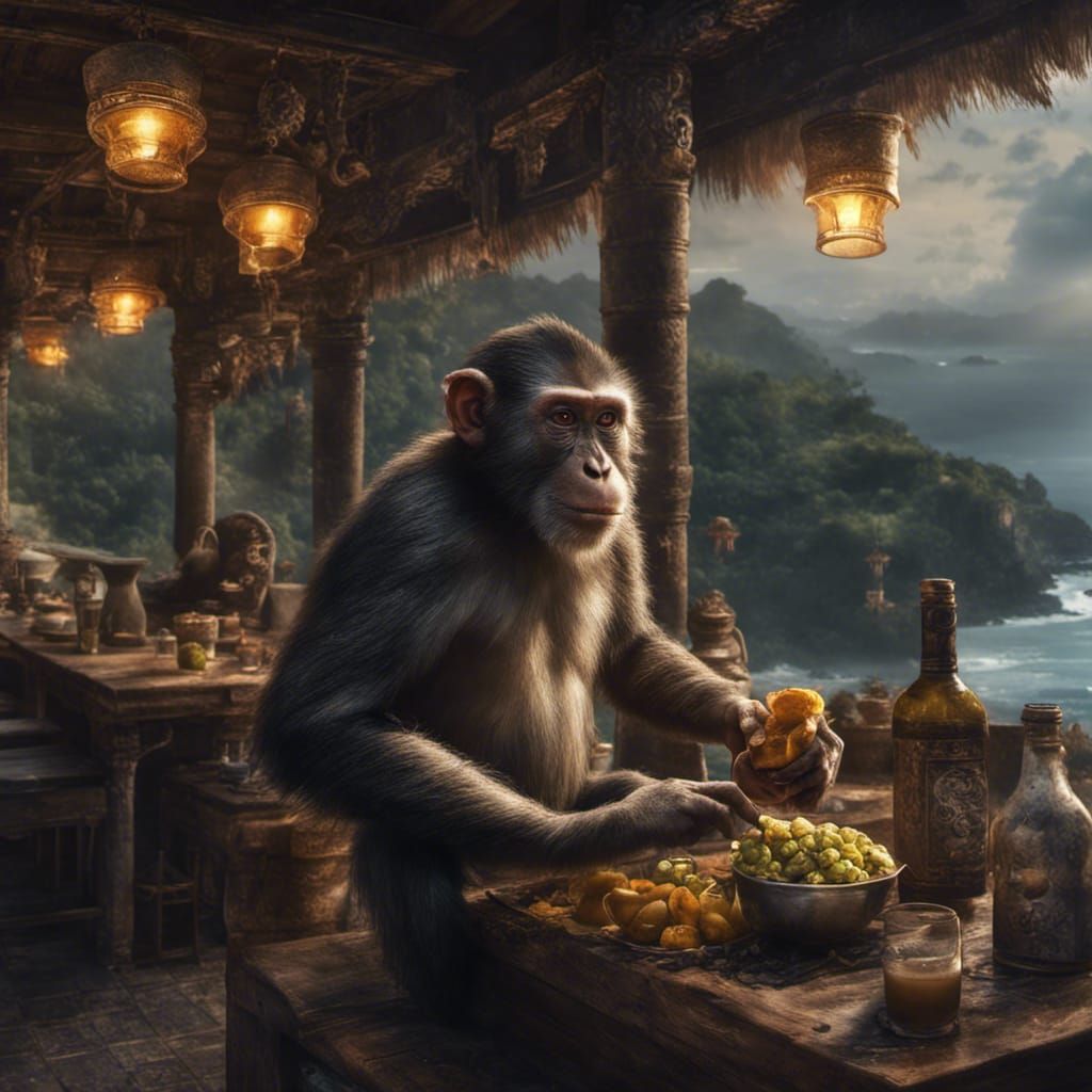 Monkey Stealing Food in Bali: Dark Fantasy Concept Art