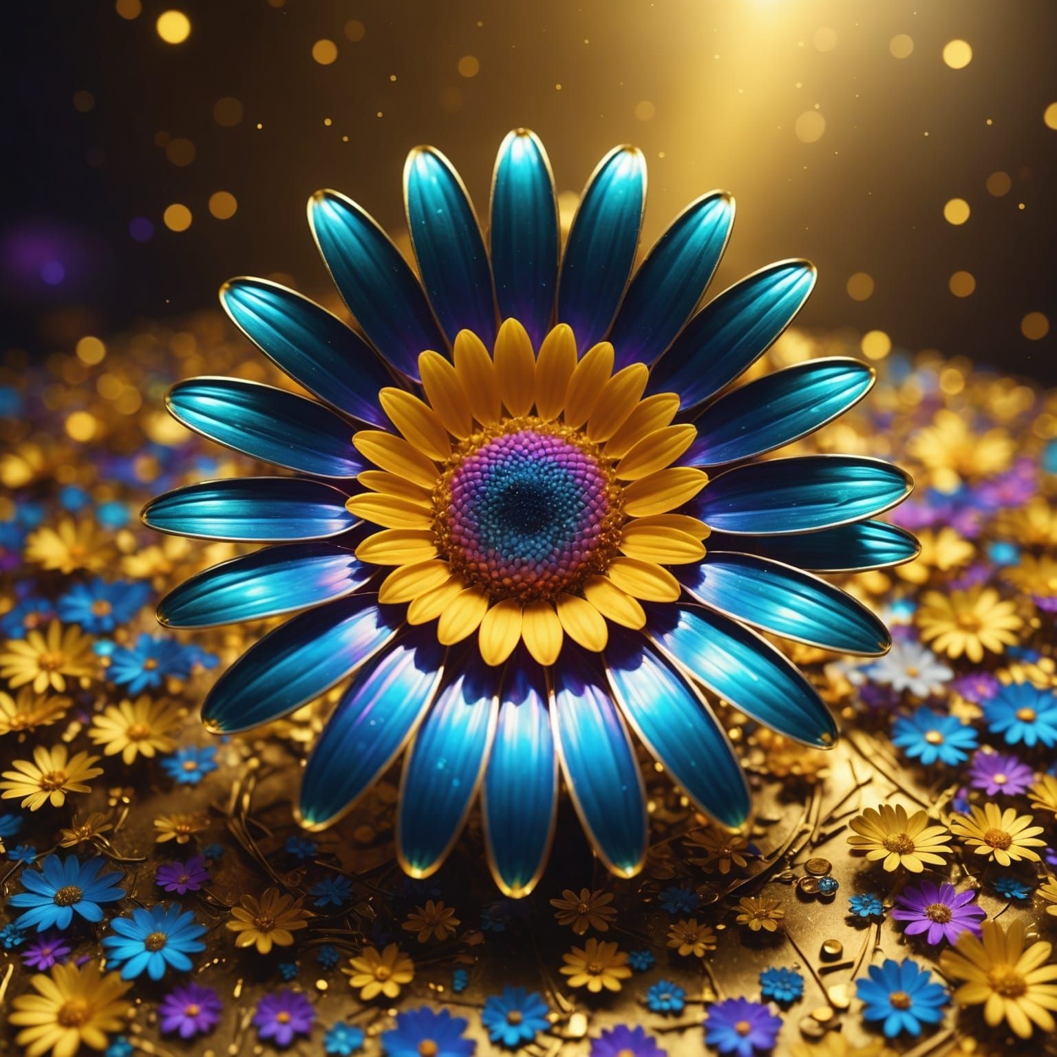 Holographic Daisy Against Gold Background