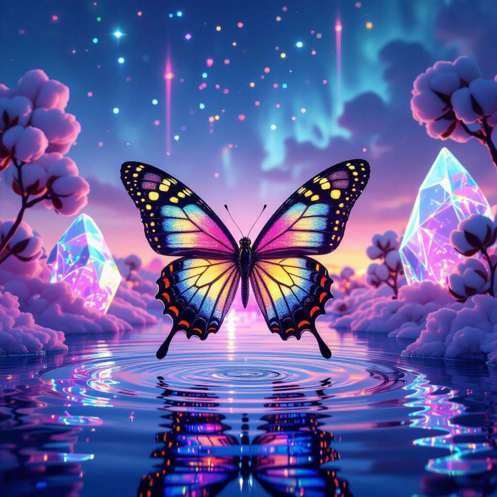 Iridescent Butterfly Above Crystalline Waters in Neon Noir