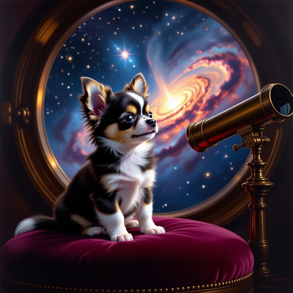 Regal Chihuahua Puppy in Starlit Observatory